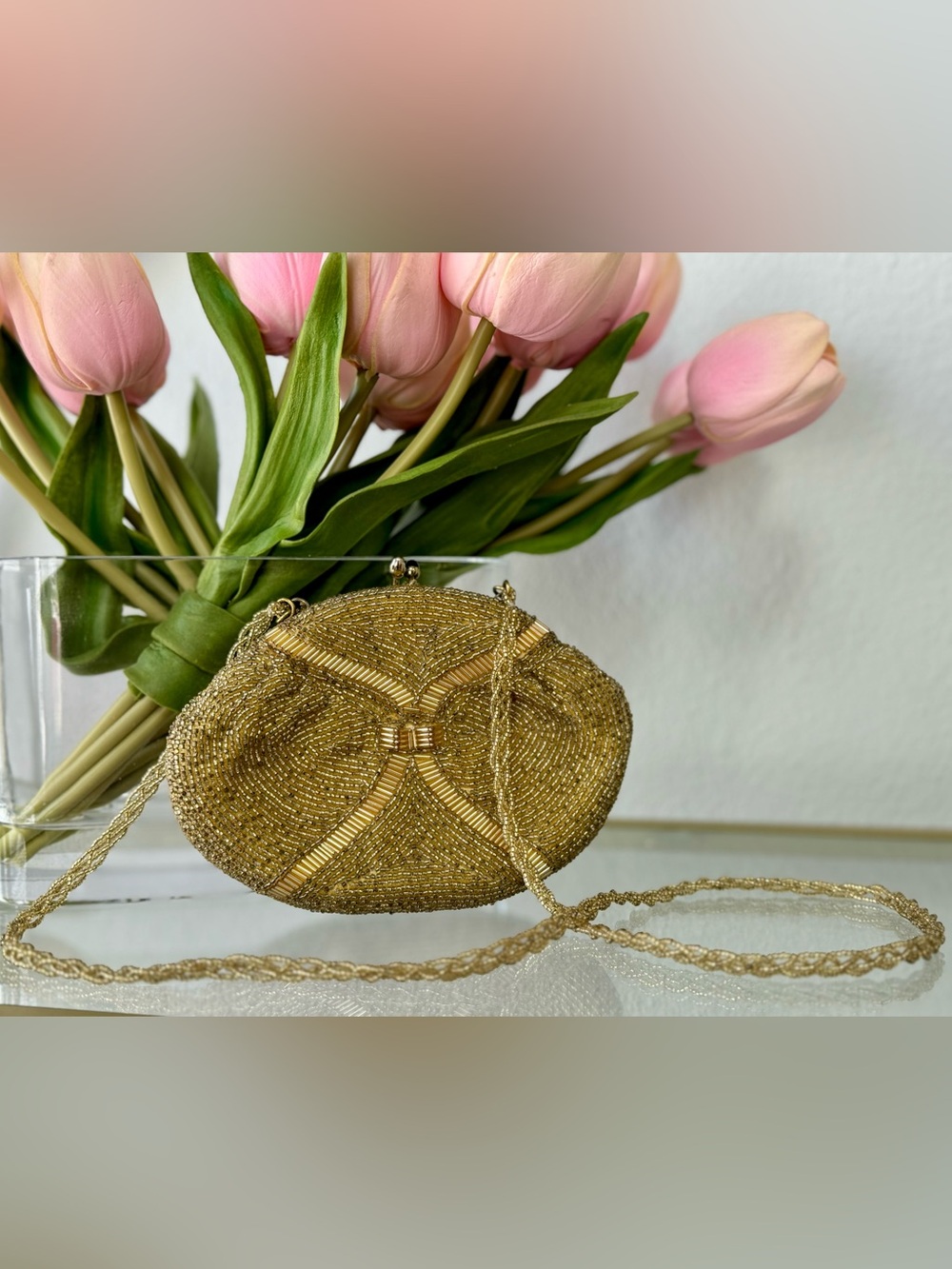 Vintage Richette Japan Gold Beaded Evening Bag Clutch